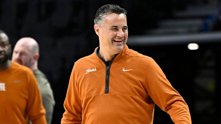 Texas Longhorns head coach Sean Miller smiles during a practice session ahead of the first round of the men's 2026 NCAA Tournament.