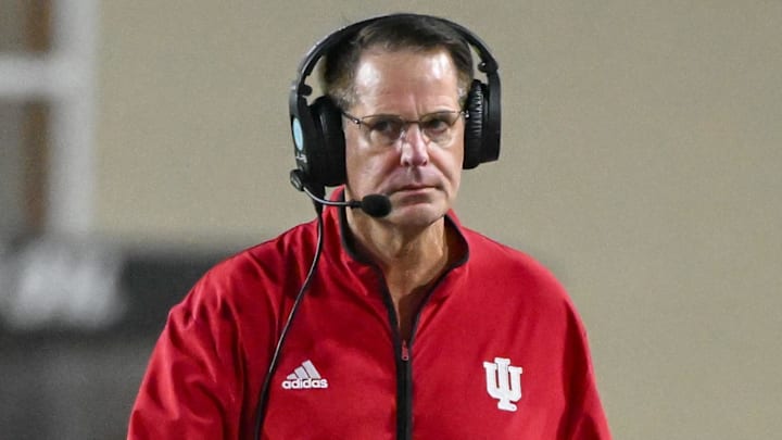 Sep 12, 2025; Bloomington, Indiana, USA; Indiana Hoosiers head coach Curt Cignetti walks along the sideline during the second half against the Indiana State Sycamores at Memorial Stadium. 