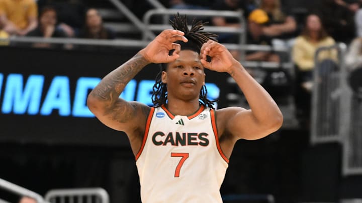 Mar 20, 2026; St. Louis, MO, USA; Miami (FL) Hurricanes forward Shelton Henderson (7) reacts after a three point shot play during the second half against Missouri Tigers during a first round game of the men's 2026 NCAA Tournament at Enterprise Center. Mandatory Credit: Jeff Curry-Imagn Images Mar 20, 2026; St. Louis, MO, USA; Miami (FL) Hurricanes forward Shelton Henderson (7) reacts after a three point shot play during the second half against Missouri Tigers during a first round game of the men's 2026 NCAA Tournament at Enterprise Center. Mandatory Credit: Jeff Curry-Imagn Images