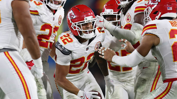 Oct 6, 2025; Jacksonville, Florida, USA; Kansas City Chiefs cornerback Trent McDuffie (22) celebrates after an interception during the second half against the Jacksonville Jaguars at EverBank Stadium. Mandatory Credit: Nathan Ray Seebeck-Imagn Images