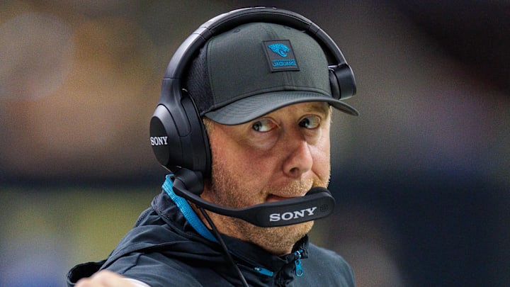 Aug 17, 2025; New Orleans, Louisiana, USA;  Jacksonville Jaguars head coach Liam Coen looks on against the New Orleans Saints during the first half at Caesars Superdome. Mandatory Credit: Stephen Lew-Imagn Images