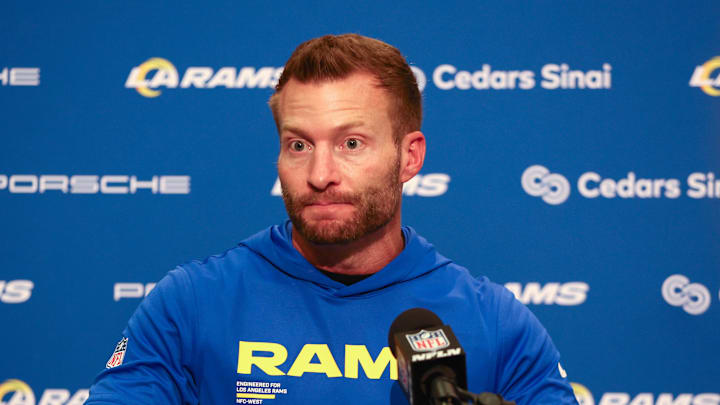 Dec 18, 2025; Seattle, Washington, USA;  Los Angeles Rams head coach Sean McVay speaks in a press conference after a game against the Seattle Seahawks at Lumen Field. Mandatory Credit: Kevin Ng-Imagn Images