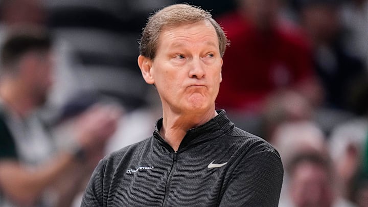 Oregon Ducks head coach Dana Altman reacts to a missed three point basketball Friday, March 14, 2025, during the third round of the men's Big Ten tournament at Gainbridge Fieldhouse in Indianapolis.