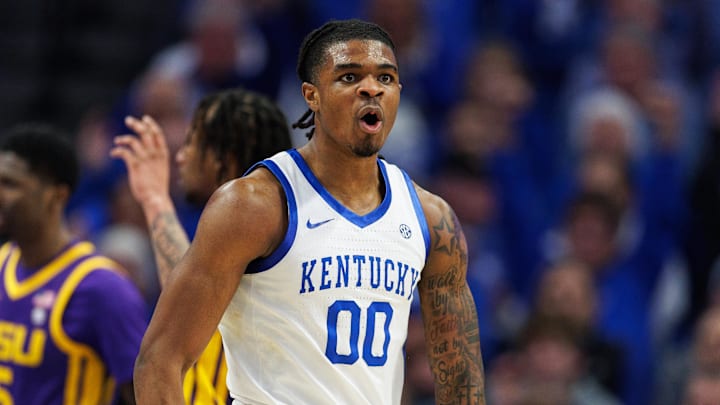 Mar 4, 2025; Lexington, Kentucky, USA; Kentucky Wildcats guard Otega Oweh (00) reacts after scoring a basket during the first half against the LSU Tigers at Rupp Arena at Central Bank Center. Mandatory Credit: Jordan Prather-Imagn Images