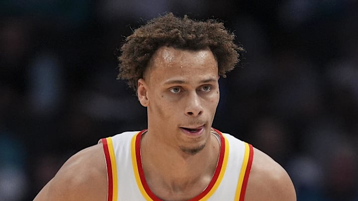 Dyson Daniels on defense against Charlotte Hornets guard LaMelo Ball during the first quarter at Spectrum Center Dyson Daniels on defense against Charlotte Hornets guard LaMelo Ball during the first quarter at Spectrum Center