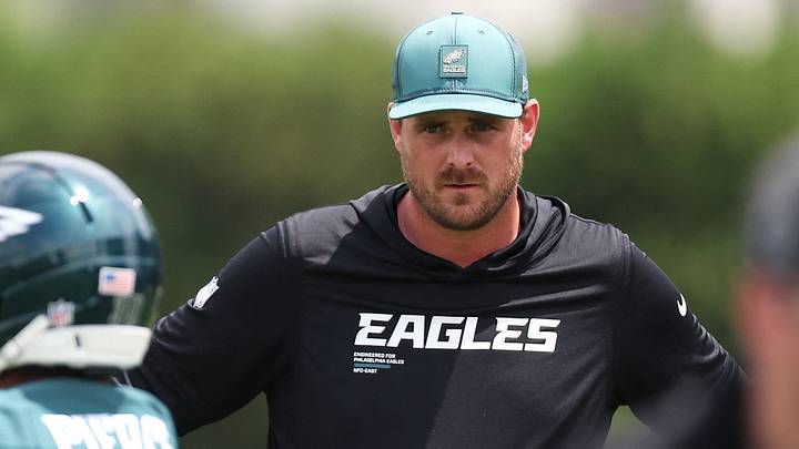 Philadelphia Eagles offensive coordinator Sean Mannion watches as players run drills during minicamp at Jefferson Health Training Complex. Mandatory Credit: Bill Streicher-Imagn Images Philadelphia Eagles offensive coordinator Sean Mannion watches as players run drills during minicamp at Jefferson Health Training Complex. Mandatory Credit: Bill Streicher-Imagn Images