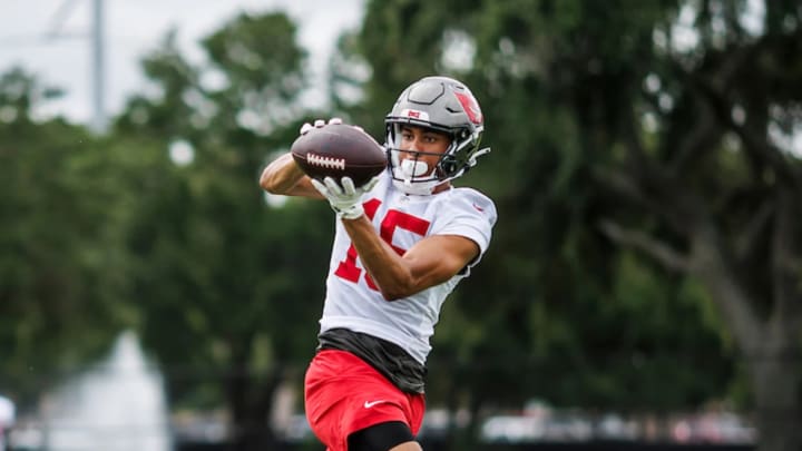 Buccaneers WR Jalen McMillan (15) at mandatory minicamp. Courtesy of the Tori Richman and the Tampa Bay Buccaneers