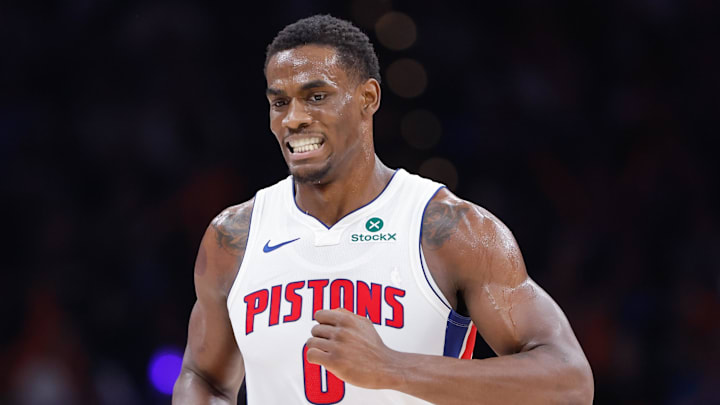 Apr 2, 2025; Oklahoma City, Oklahoma, USA; Detroit Pistons center Jalen Duren (0) runs down the court against the Oklahoma City Thunder during the second half at Paycom Center. Mandatory Credit: Alonzo Adams-Imagn Images Apr 2, 2025; Oklahoma City, Oklahoma, USA; Detroit Pistons center Jalen Duren (0) runs down the court against the Oklahoma City Thunder during the second half at Paycom Center. Mandatory Credit: Alonzo Adams-Imagn Images