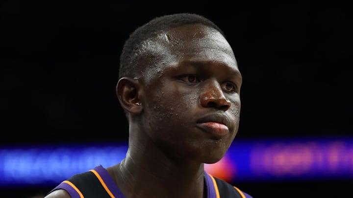 Dec 23, 2025; Phoenix, Arizona, USA; Phoenix Suns center Khaman Maluach (10) against the Los Angeles Lakers at Mortgage Matchup Center. Mandatory Credit: Mark J. Rebilas-Imagn Images