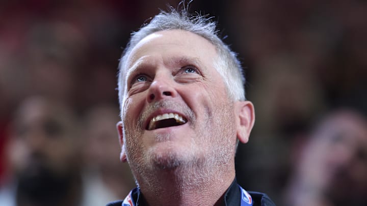 Apr 2, 2026; Portland, Oregon, USA; Portland Trail Blazers owner Tom Dundon is introduced. Mandatory Credit: Troy Wayrynen-Imagn Images