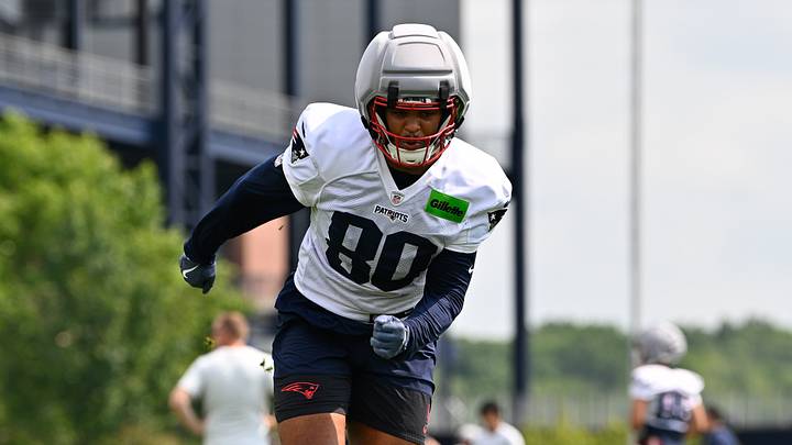 Jul 28, 2026; Foxborough, MA, USA; New England Patriots tight end Jeremiah Franklin (80) does a drill during training camp at Gillette Stadium. Mandatory Credit: Eric Canha-Imagn Images Jul 28, 2026; Foxborough, MA, USA; New England Patriots tight end Jeremiah Franklin (80) does a drill during training camp at Gillette Stadium. Mandatory Credit: Eric Canha-Imagn Images