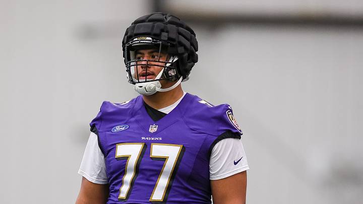 May 7, 2022; Owings Mills, MD, USA; Baltimore Ravens tackle Daniel Faalele (77) looks on during rookie minicamp at Under Armour Performance Center. Mandatory Credit: Scott Taetsch-USA TODAY Sports May 7, 2022; Owings Mills, MD, USA; Baltimore Ravens tackle Daniel Faalele (77) looks on during rookie minicamp at Under Armour Performance Center. Mandatory Credit: Scott Taetsch-USA TODAY Sports