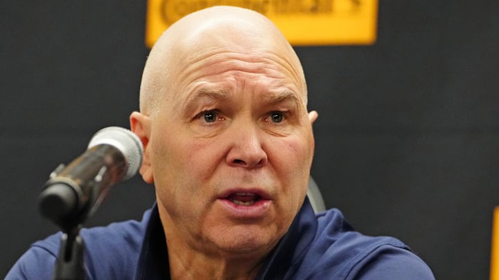 Nov 17, 2023; Las Vegas, NV, USA; Saint Mary's Gaels head coach Randy Bennett answers questions after the San Diego State Aztecs defeated the Gaels 79-54 at T-Mobile Arena. Mandatory Credit: Stephen R. Sylvanie-Imagn Images