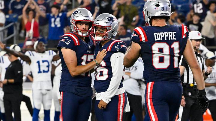 Aug 13, 2026; Foxborough, Massachusetts, USA; New England Patriots punter Bryce Baringer (17) and place kicker Andy Borregales (36) reacts to a missed field goal during the second half against the Indianapolis Colts at Gillette Stadium. Mandatory Credit: Eric Canha-Imagn Images Aug 13, 2026; Foxborough, Massachusetts, USA; New England Patriots punter Bryce Baringer (17) and place kicker Andy Borregales (36) reacts to a missed field goal during the second half against the Indianapolis Colts at Gillette Stadium. Mandatory Credit: Eric Canha-Imagn Images