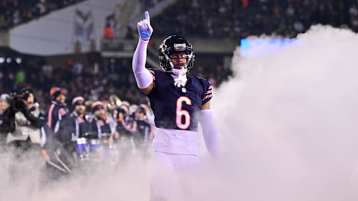 Dec 26, 2024; Chicago, Illinois, USA; Chicago Bears cornerback Kyler Gordon (6) enters the field before the game against the Seattle Seahawks at Soldier Field. Dec 26, 2024; Chicago, Illinois, USA; Chicago Bears cornerback Kyler Gordon (6) enters the field before the game against the Seattle Seahawks at Soldier Field.