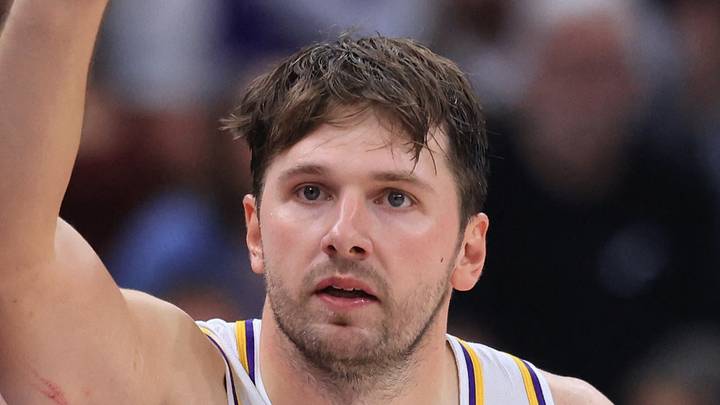 Los Angeles Lakers guard Luka Doncic reacts after making a shot against the Utah Jazz. Los Angeles Lakers guard Luka Doncic reacts after making a shot against the Utah Jazz.