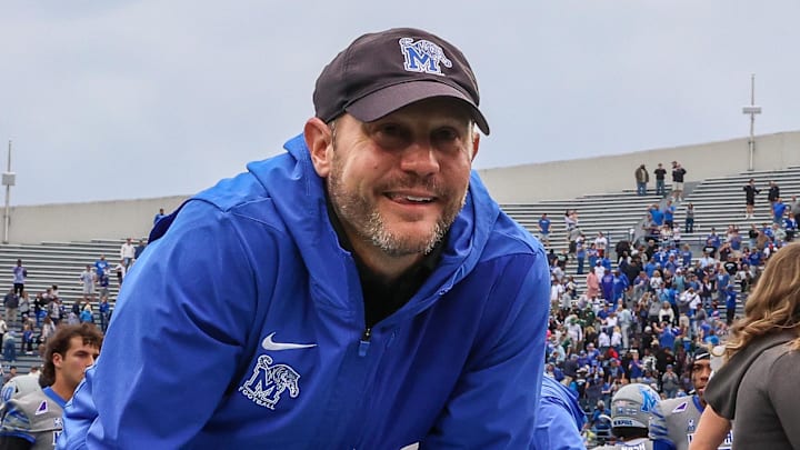 Memphis Tigers coach Ryan Silverfield reacts on the field after defeating the South Florida Bulls at Simmons Bank Liberty Stadium in Memphis on Oct. 25.