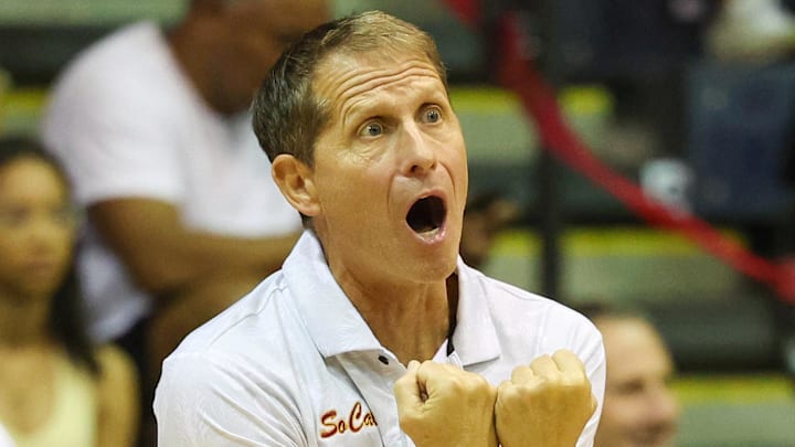 Nov 26, 2025; Lahaina, HI, USA; USC Trojans head coach Eric Musselman reacts to play as his team takes on the Arizona State Sun Devils in the second half in the championship match at Lahaina Civic Center. Mandatory Credit: Marco Garcia-Imagn Images Nov 26, 2025; Lahaina, HI, USA; USC Trojans head coach Eric Musselman reacts to play as his team takes on the Arizona State Sun Devils in the second half in the championship match at Lahaina Civic Center. Mandatory Credit: Marco Garcia-Imagn Images