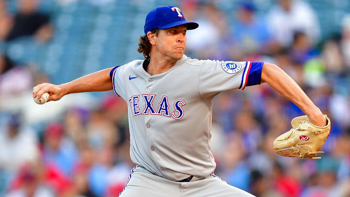 Jul 7, 2025; Anaheim, California, USA; Texas Rangers pitcher Jacob deGrom (48) throws against the Los Angeles Angels during the first inning at Angel Stadium.