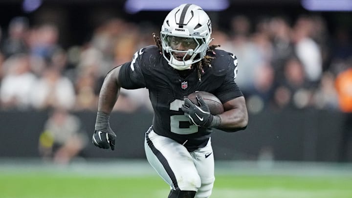 Nov 2, 2025; Paradise, Nevada, USA; Las Vegas Raiders running back Ashton Jeanty (2) runs the ball during the second half against the Jacksonville Jaguars at Allegiant Stadium. 