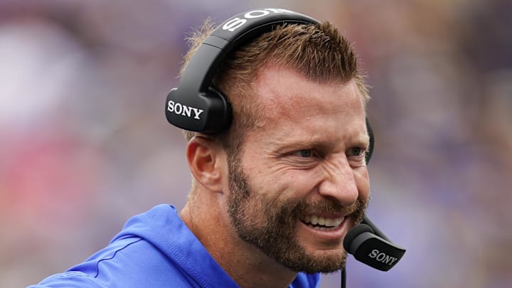 Oct 12, 2025; Baltimore, Maryland, USA; Los Angeles Rams head coach Sean McVay looks on during the second quarter of the game against the Baltimore Ravens at M&T Bank Stadium. Mandatory Credit: Mitch Stringer-Imagn Images