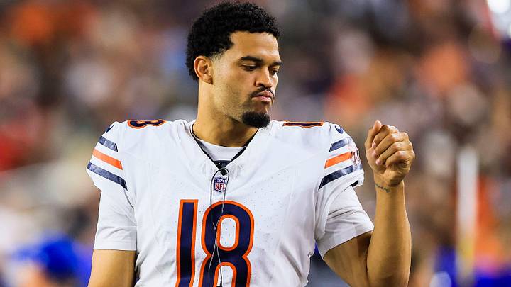 Aug 22, 2026; Cincinnati, Ohio, USA; Chicago Bears quarterback Caleb Williams (18) stands on the sidelines during the second half in the game against the Cincinnati at Paycor Stadium. Mandatory Credit: Katie Stratman-Imagn Images