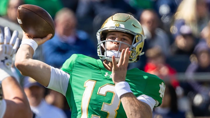 Apr 12, 2025; Notre Dame, IN, USA; Notre Dame Fighting Irish quarterback CJ Carr (13) throws a pass during the Blue-Gold game at Notre Dame Stadium. Apr 12, 2025; Notre Dame, IN, USA; Notre Dame Fighting Irish quarterback CJ Carr (13) throws a pass during the Blue-Gold game at Notre Dame Stadium.