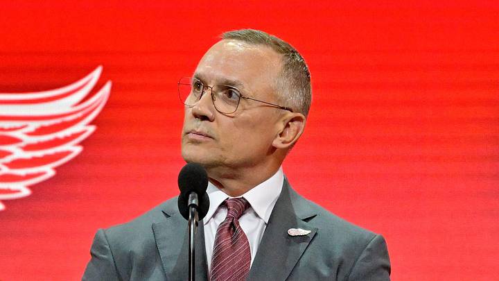 Jul 7, 2022; Montreal, Quebec, CANADA; Detroit Red Wings general manager Steve Yzerman announces Marco Kasper (not pictured) as the number eight overall pick to the Detroit Red Wings in the first round of the 2022 NHL Draft at Bell Centre. Mandatory Credit: Eric Bolte-Imagn Images Jul 7, 2022; Montreal, Quebec, CANADA; Detroit Red Wings general manager Steve Yzerman announces Marco Kasper (not pictured) as the number eight overall pick to the Detroit Red Wings in the first round of the 2022 NHL Draft at Bell Centre. Mandatory Credit: Eric Bolte-Imagn Images