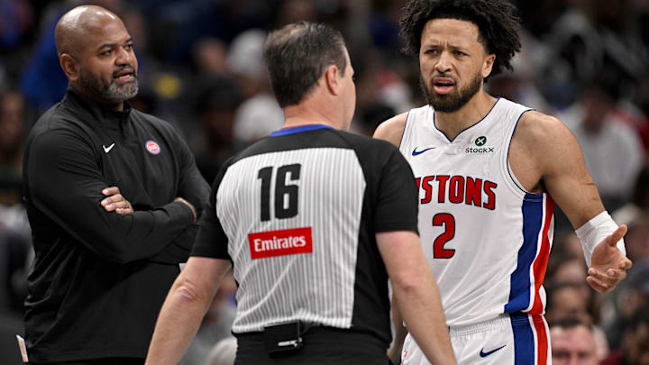 Detroit Pistons guard Cade Cunningham (2) and head coach J.B. Bickerstaff react to a technical foul call by referee David Guthrie (16) during the second half against the Dallas Mavericks at the American Airlines Center.