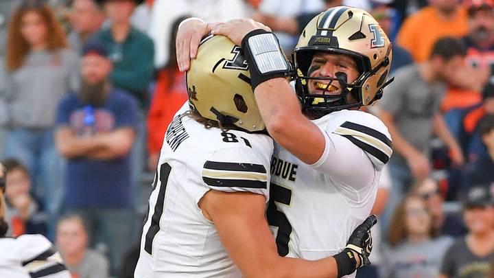 Purdue Boilermakers quarterback Ryan Browne (15) celebrates his touchdown.