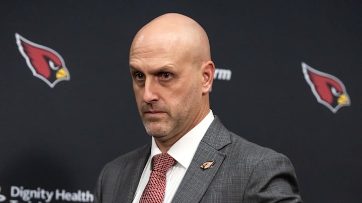 Feb 3, 2026; Tempe, AZ, USA; Arizona Cardinals general manager Monti Ossenfort at a press conference at the Cardinals training facility. Mandatory Credit: Mark J. Rebilas-Imagn Images