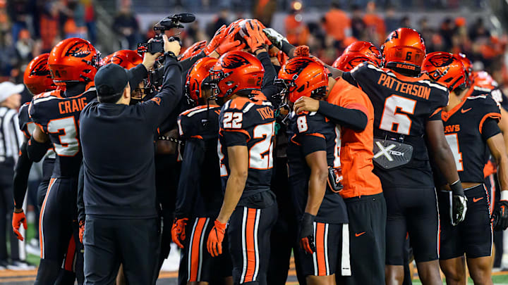 Nov 8, 2025; Corvallis, Oregon, USA; Oregon State Beavers gather on the field before the game against the Sam Houston Bearkats at Reser Stadium. Mandatory Credit: Craig Strobeck-Imagn Images