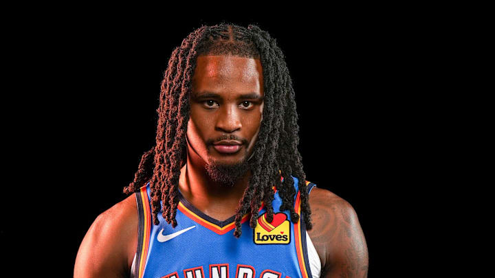 Oklahoma guard Cason Wallace (22) poses for a photo shoot during Thunder media day at Paycom Center in Oklahoma City on Monday, Sept. 29, 2025.