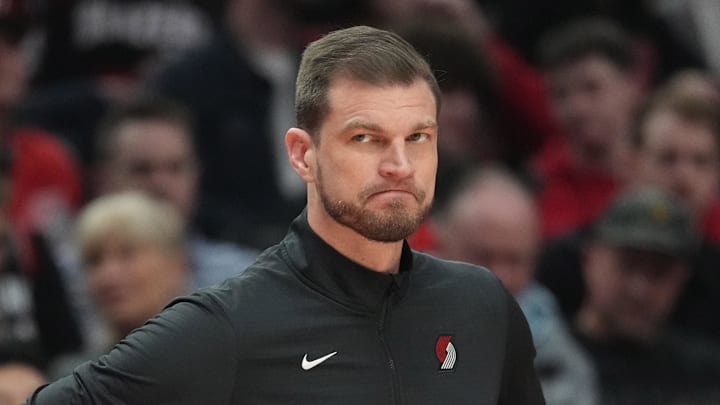 Feb 24, 2026; Portland, Oregon, USA; Portland Trail Blazers Interim Head Coach Tiago Splitter watches from the sideline during the first half against the Minnesota Timberwolves at Moda Center. Mandatory Credit: Soobum Im-Imagn Images