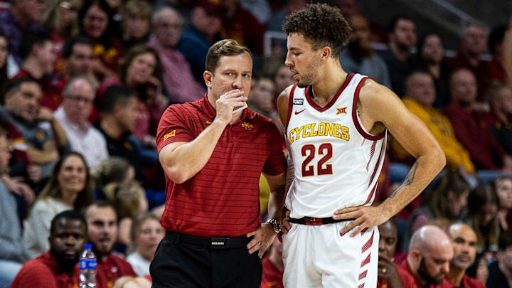 Iowa State's Gabe Kalscheur talks to head coach TJ Otzelberger during the Iowa State men's basketball game against Arkansas-Pine Bluff on Wednesday, Dec. 1, 2021, at Hilton Coliseum in Ames. Iowa State's Gabe Kalscheur talks to head coach TJ Otzelberger during the Iowa State men's basketball game against Arkansas-Pine Bluff on Wednesday, Dec. 1, 2021, at Hilton Coliseum in Ames.