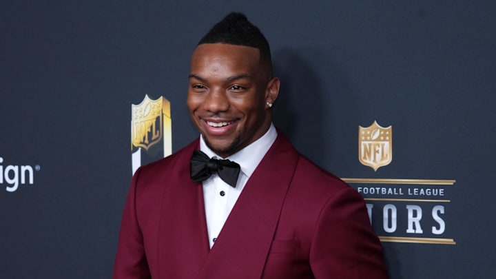 Bijan Robinson poses on the NFL Honors Red Carpet before Super Bowl LX at Palace of Fine Arts. 