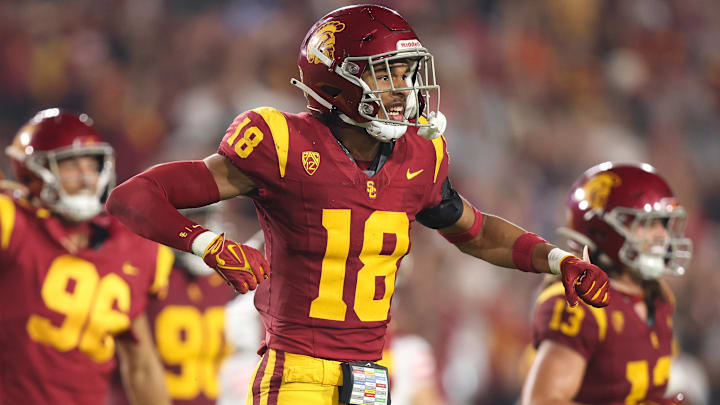 October 7, 2023, Los Angeles, California, USA: Southern California linebacker ERIC GENTRY (18) reacts after a missed field goal attempt from Arizona during a NCAA, College League, USA football game between Southern California and Arizona at the Los Angeles Memorial Coliseum in Los Angeles, California. Los Angeles USA - ZUMAt158 20231007_zsp_t158_018 Copyright: xBrentonxTsex