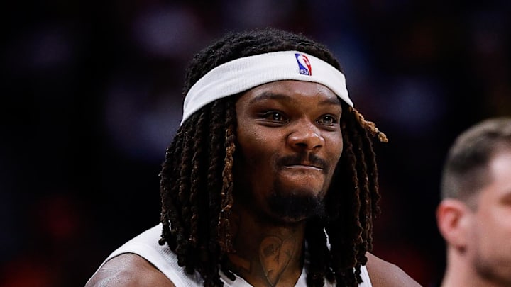 Portland Trail Blazers center Robert Williams III reacts from the sideline in the third quarter against the Denver Nuggets. Portland Trail Blazers center Robert Williams III reacts from the sideline in the third quarter against the Denver Nuggets.