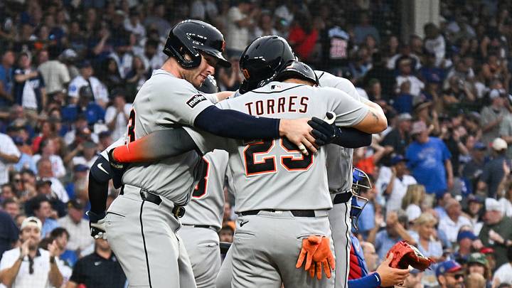 Detroit Tigers Gleybar Torres (25) and third baseman Colt Keith (33) hug left fielder Riley Greene (31) after they score on his three run home run. Credit: Matt Marton-Imagn Images