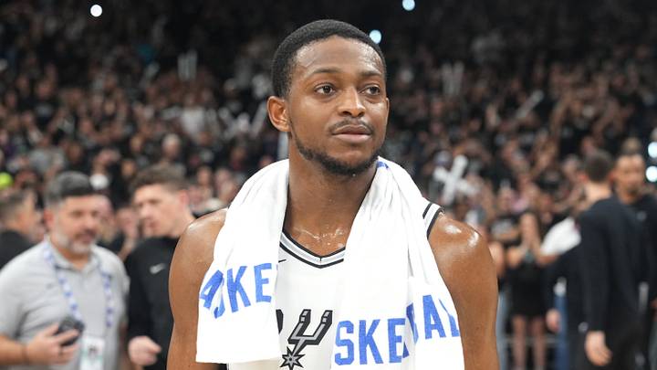 Apr 28, 2026; San Antonio, Texas, USA; San Antonio Spurs guard De’Aaron Fox (4) after a victory over the Portland Trail Blazers in game five of the first round of the 2026 NBA Playoffs at Frost Bank Center. Mandatory Credit: Scott Wachter-Imagn Images