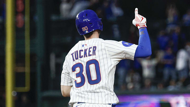 Sep 5, 2025; Chicago, Illinois, USA; Chicago Cubs right fielder Kyle Tucker (30) rounds the bases after hitting a three-run home run against the Atlanta Braves during the third inning at Wrigley Field.