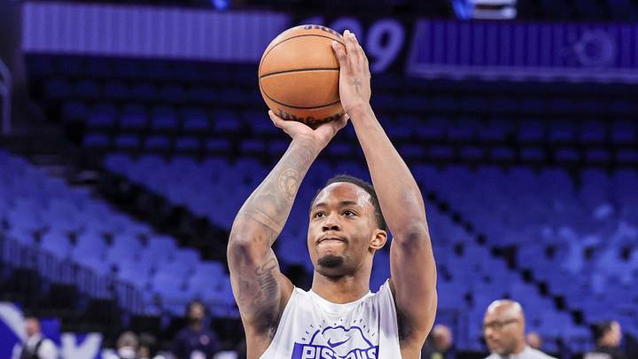 Apr 6, 2026; Orlando, Florida, USA; Detroit Pistons forward Ronald Holland II (5) warms up before the game against the Orlando Magic at Kia Center. Mandatory Credit: Mike Watters-Imagn Images