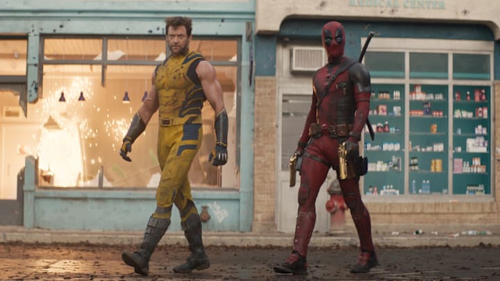 (L-R): Hugh Jackman as Wolverine/Logan and Ryan Reynolds as Deadpool/Wade Wilson in 20th Century Studios/Marvel Studios' DEADPOOL & WOLVERINE. Photo courtesy of 20th Century Studios/Marvel Studios. © 2024 20th Century Studios / © and ™ 2024 MARVEL.