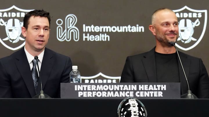 Feb 10, 2026; Henderson, NV, USA; Las Vegas Raiders coach Klint Kubiak (left) and general manager John Spytek at introductory press conference at Intermountain Health Performance Center. Mandatory Credit: Kirby Lee-Imagn Images