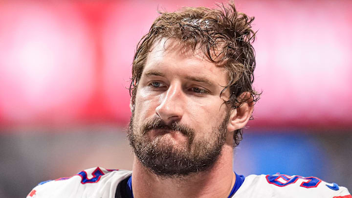 Oct 13, 2025; Atlanta, Georgia, USA; Buffalo Bills defensive end Joey Bosa (97) on the field against the Atlanta Falcons at Mercedes-Benz Stadium. Mandatory Credit: Dale Zanine-Imagn Images