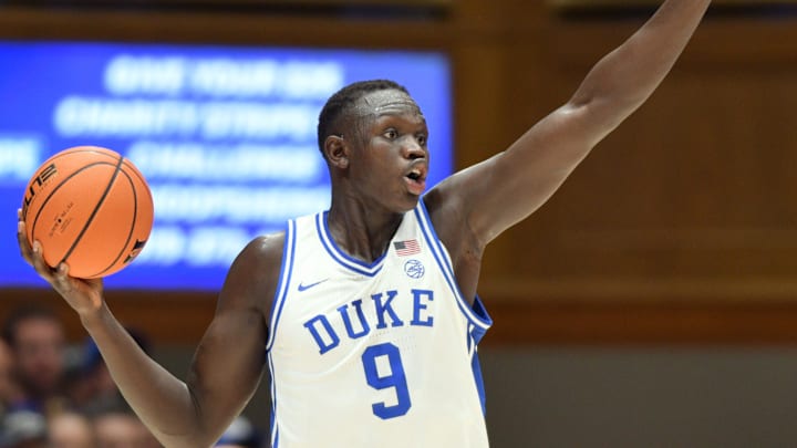 Feb 15, 2025; Durham, North Carolina, USA;  Duke Blue Devils center Khaman Maluach (9) calls a teammate during the first half against the Stanford Cardinal at Cameron Indoor Stadium. Mandatory Credit: Zachary Taft-Imagn Images