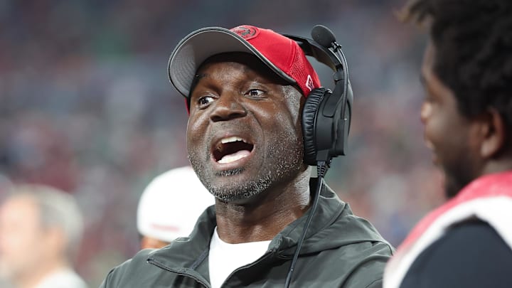 Jan 15, 2024; Tampa, Florida, USA; Tampa Bay Buccaneers head coach Todd Bowles.