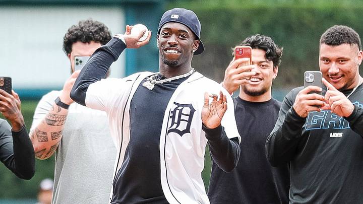 Former Detroit Lions first round draft pick Terrion Arnold throws the ceremonial first pitch at Detroit Tigers game Former Detroit Lions first round draft pick Terrion Arnold throws the ceremonial first pitch at Detroit Tigers game
