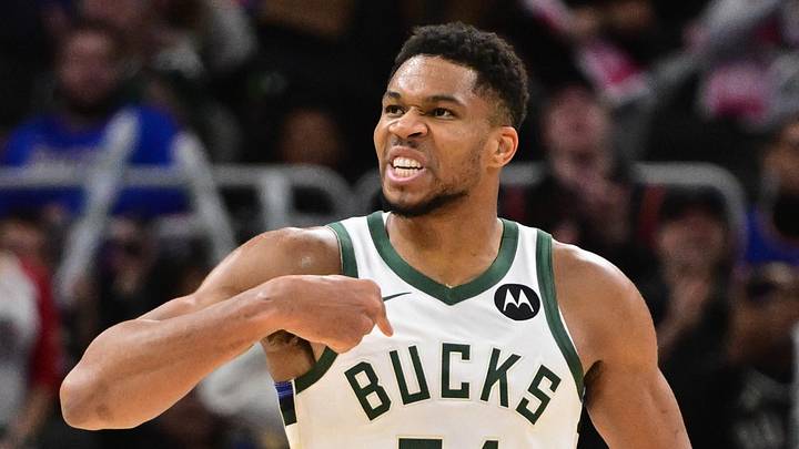 Oct 28, 2025; Milwaukee, Wisconsin, USA; Milwaukee Bucks forward Giannis Antetokounmpo (34) reacts after scoring a basket in the 3rd quarter against the New York Knicks at Fiserv Forum. Mandatory Credit: Benny Sieu-Imagn Images