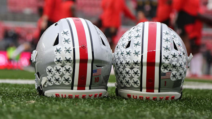 Oct 26, 2019; Columbus, OH, USA; Ohio State Buckeyes decals on the helmets before the game against the Wisconsin Badgers at Ohio Stadium. Mandatory Credit: Joe Maiorana-Imagn Images